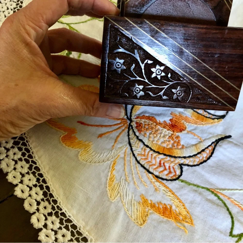 Vintage Rosewood Box with Set of Six Coasters. Brass Inlay and Floral Carving